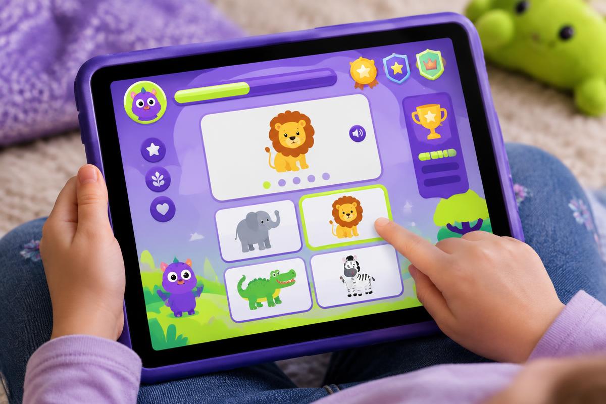 Child playing a learning game on a tablet