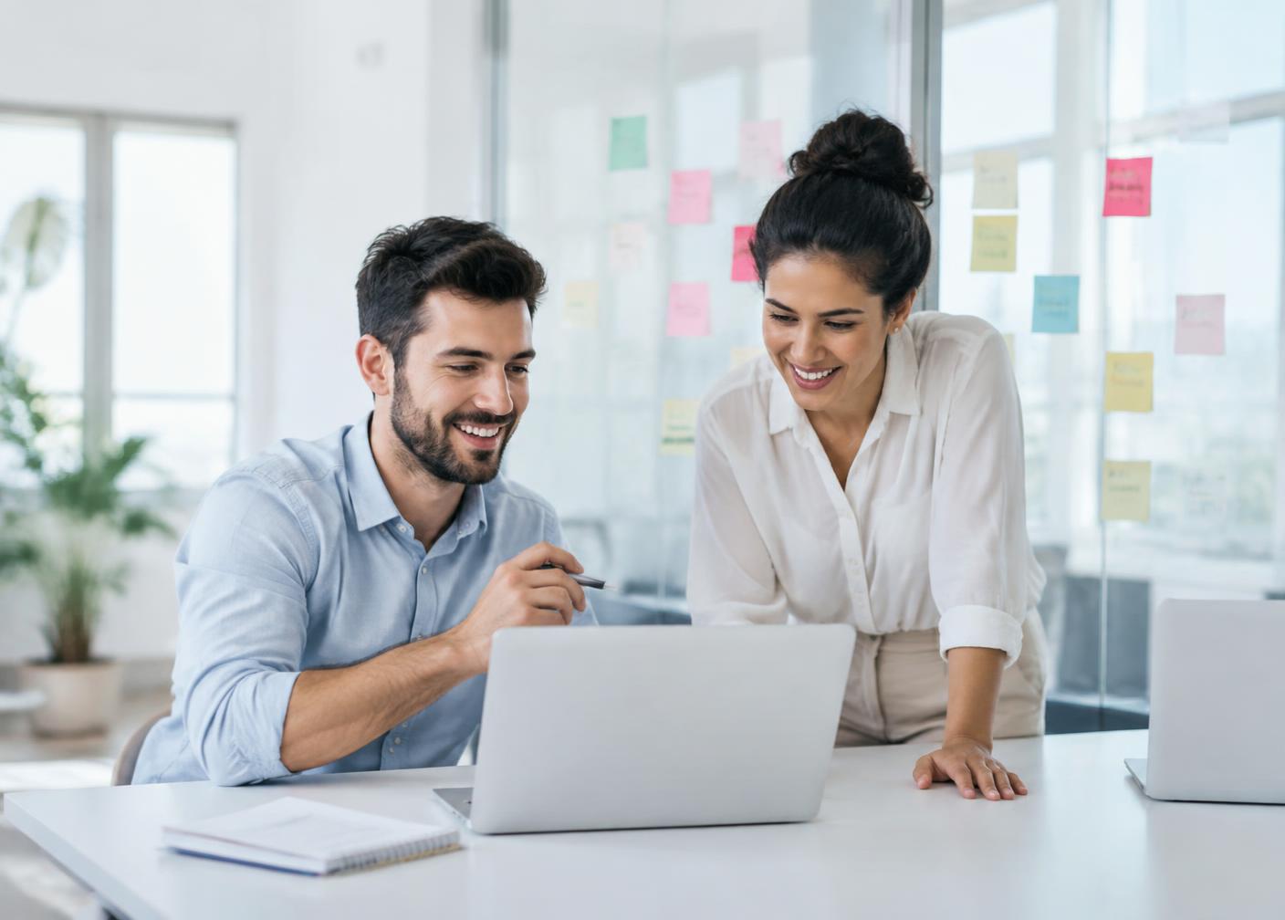 Two colleagues reviewing a product prototype together on a laptop
