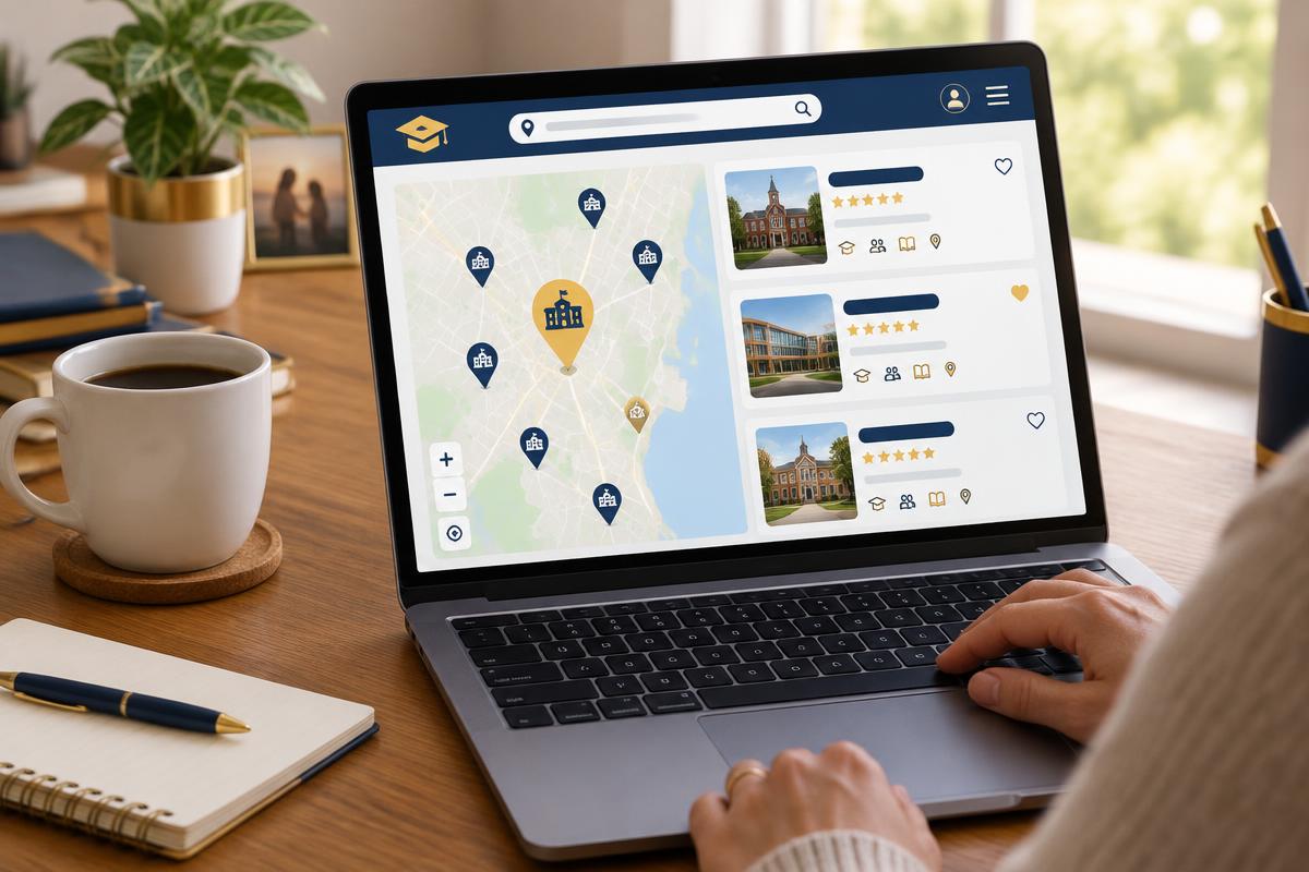 School comparison website with map pins on a laptop